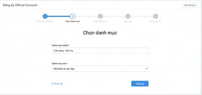 Chọn danh mục Zalo website